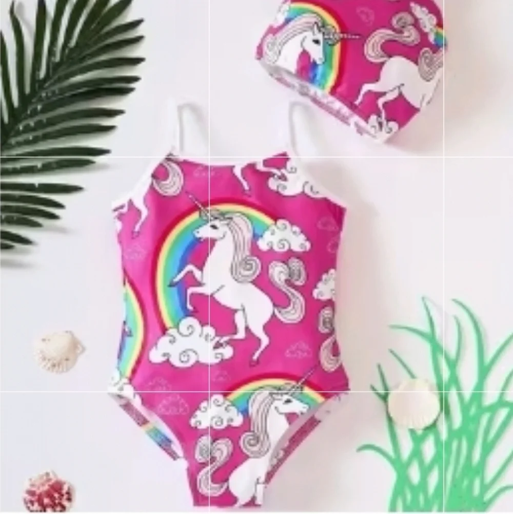 Pink Unicorn Rainbow Swimsuit + Matching Hat Set | 2-Piece Baby/Toddler